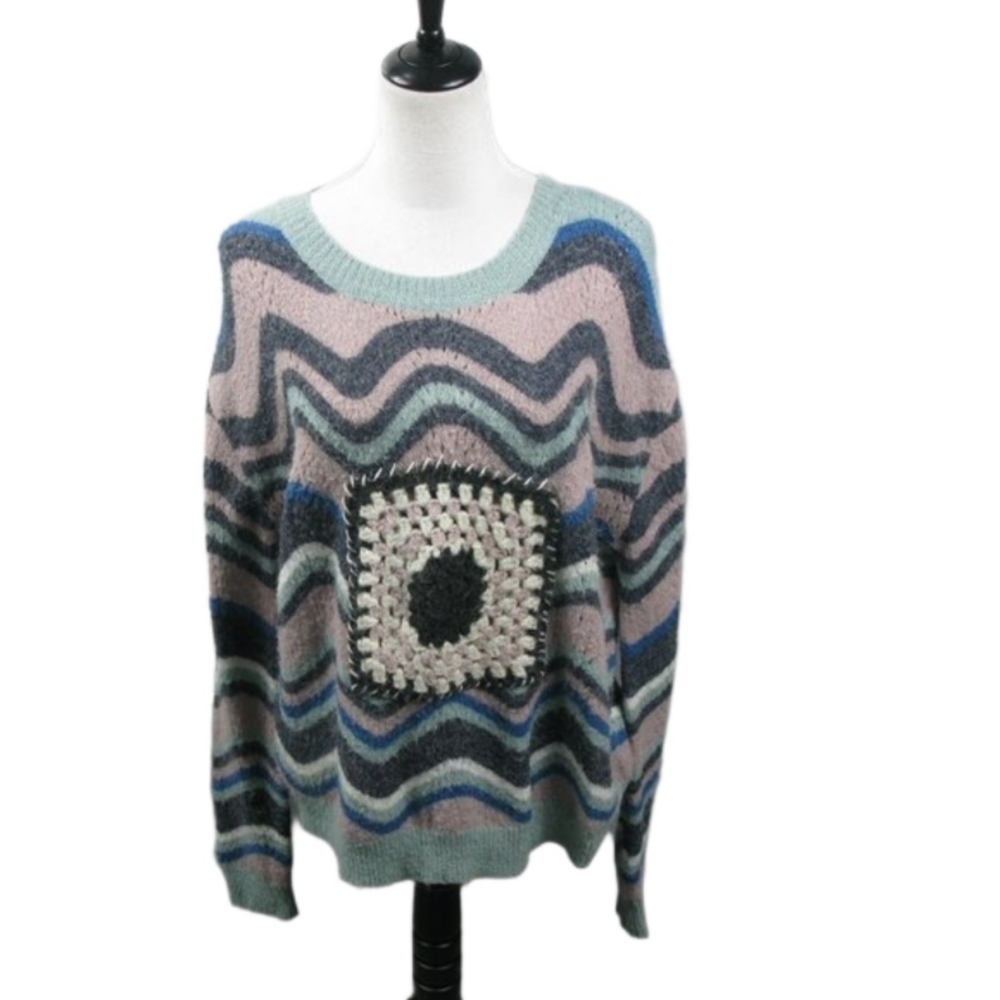 Boundless North Crochet Patch Zig Zag Pullover Sweater Size Large